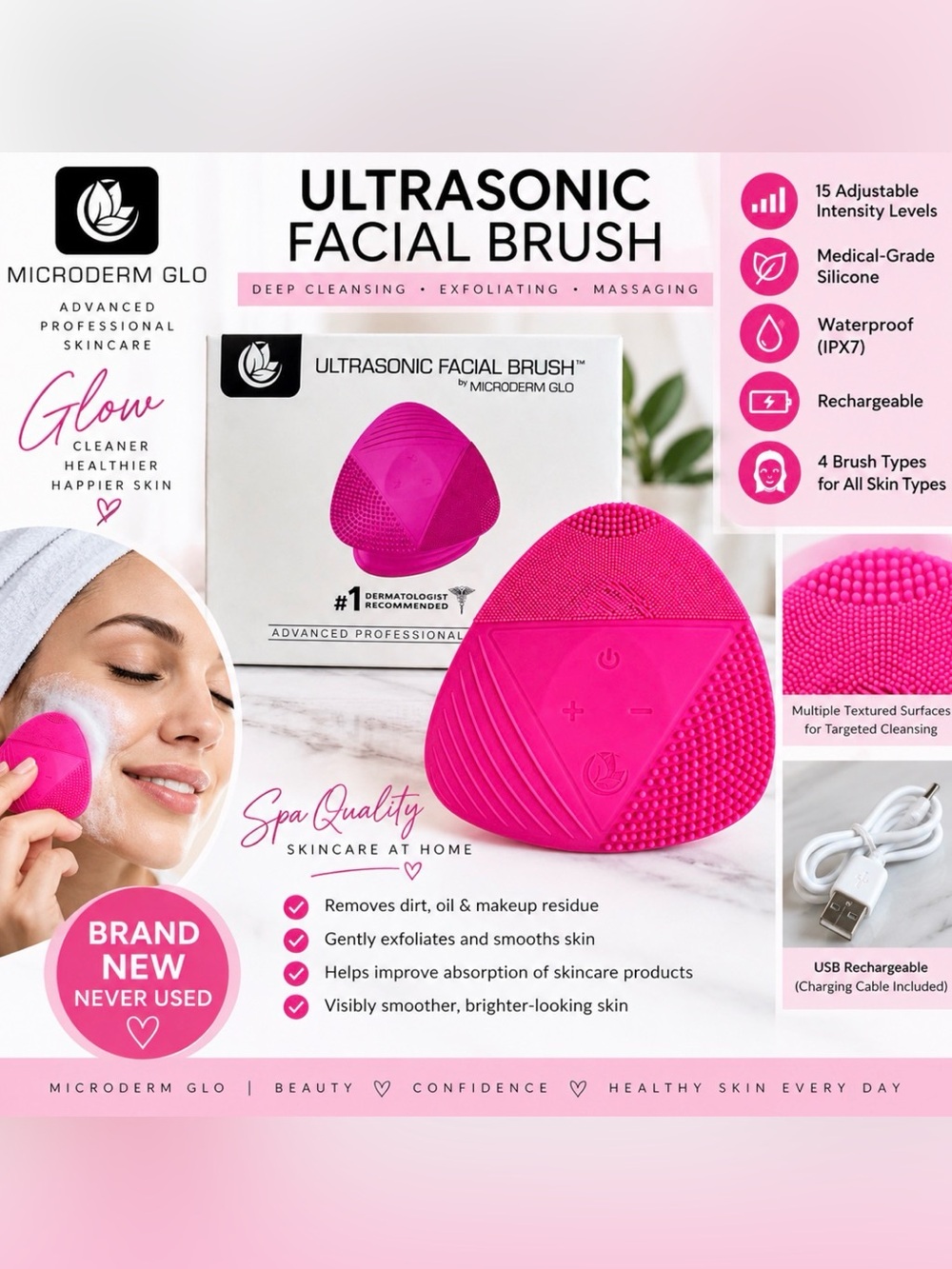 Microderm GLO Ultrasonic Facial Cleansing Brush – Pink – BRAND NEW